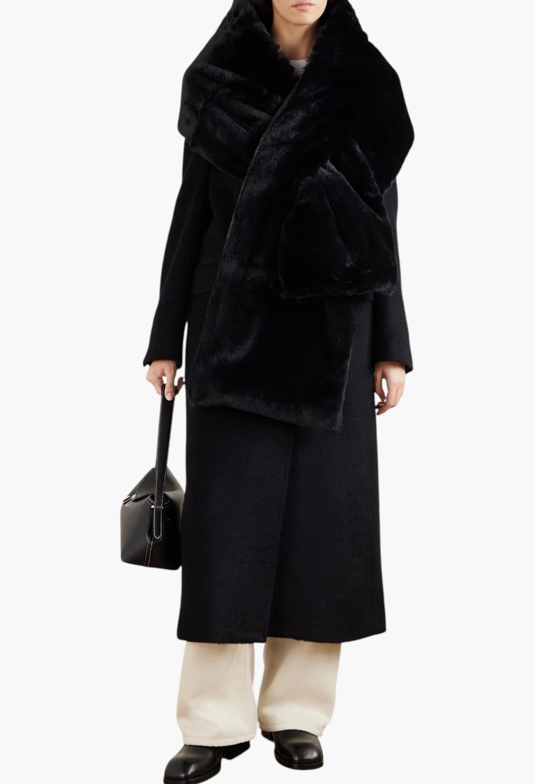 GLAM MODA Piacere black plush scarf with quilted shell trim worn by a model in a long coat and white trousers